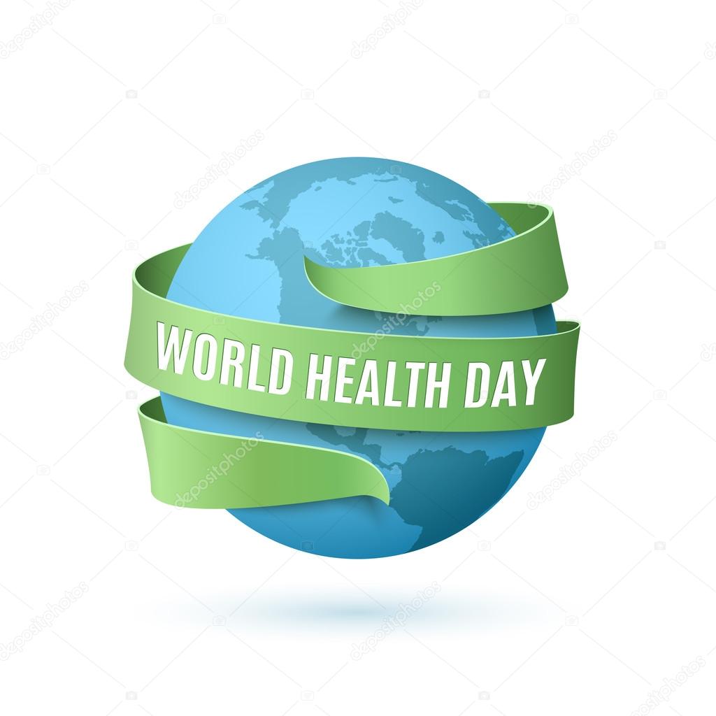 World Health Day, background with blue globe and green ribbon around, isolated on white background. Vector illustration.