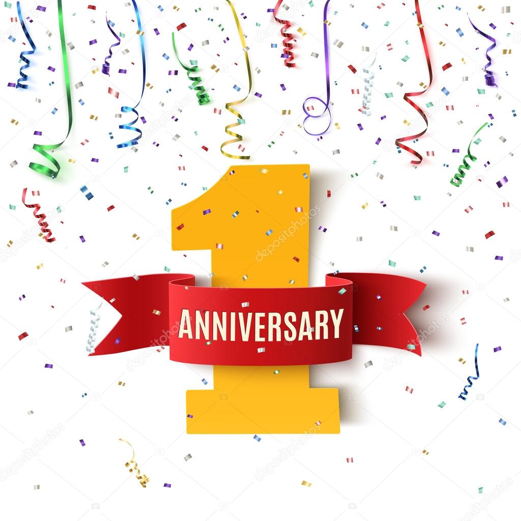 One year anniversary background with red ribbon and confetti on white. Poster or brochure template. Vector illustration.