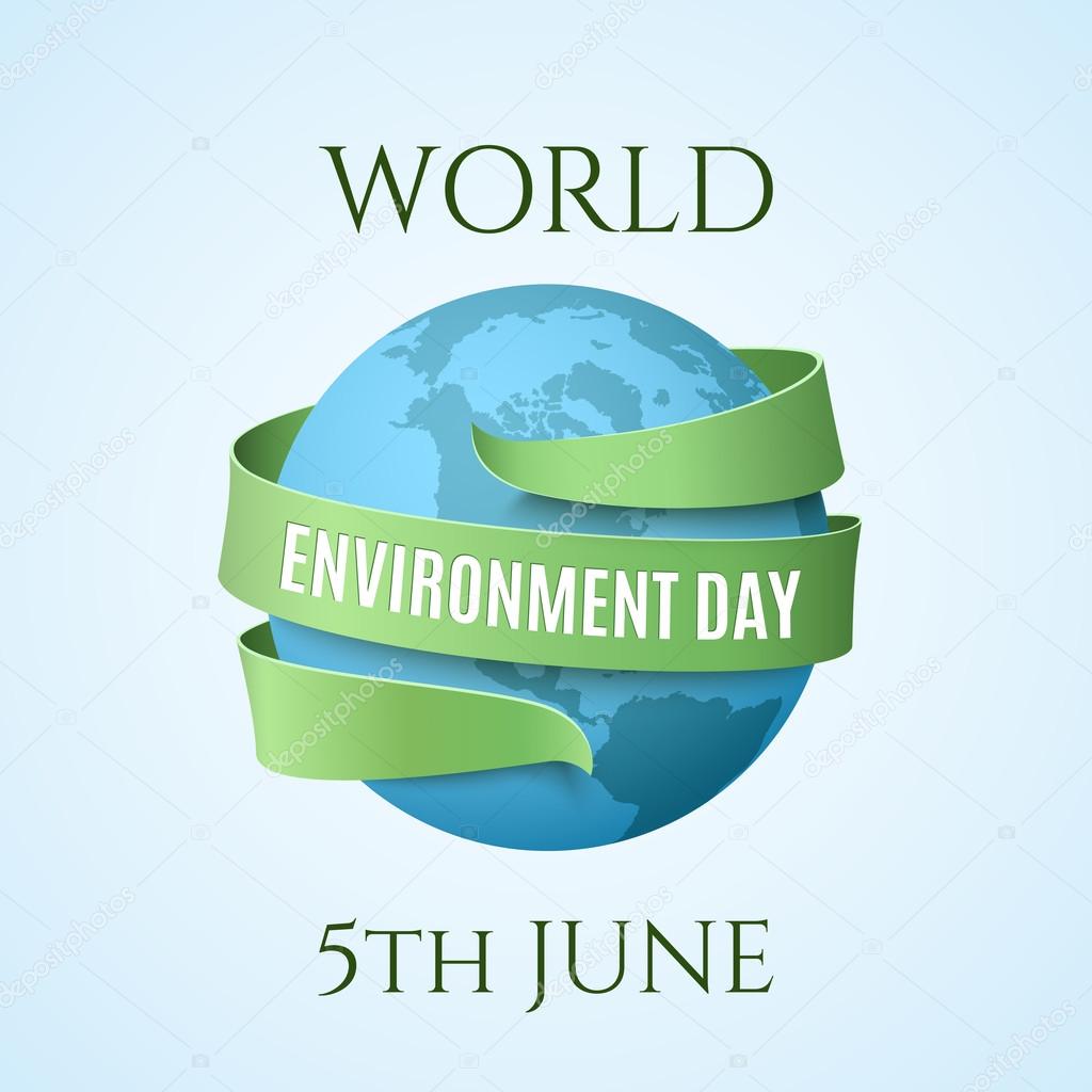 World Environment day, background with blue globe and green ribbon around. Vector illustration.