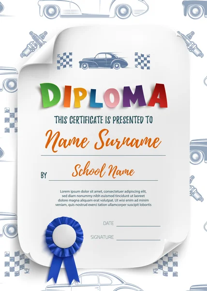 Templat Diploma untuk mobil balap kidswith . - Stok Vektor