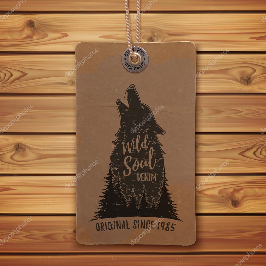 Howling wolf in the forest. Logo template on realistic, vintage price tag, clothing label and wooden planks. Vector illustration.