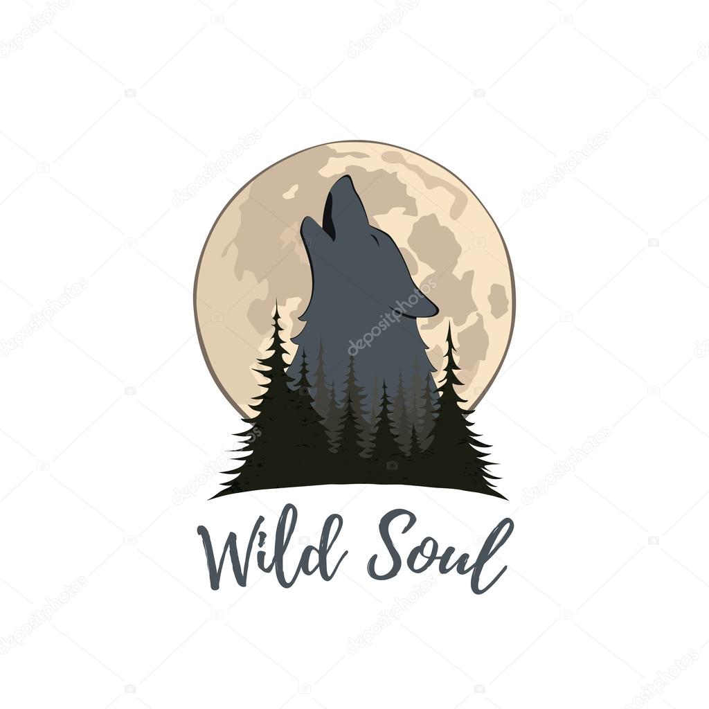 Wolf howling on the moon in the forest. Logo template. Vector illustration.