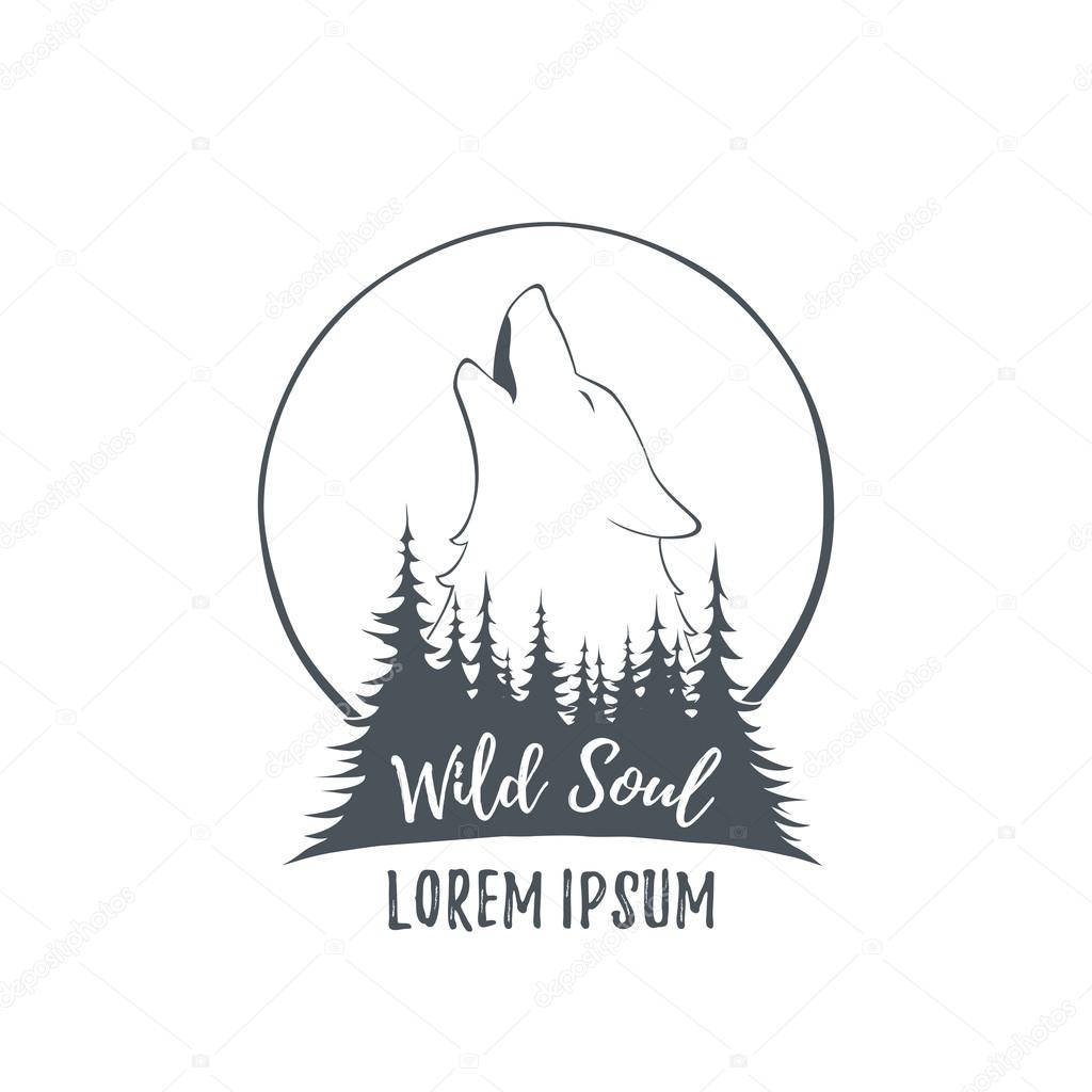 Wolf howling on the moon in the forest. Logo template. Vector illustration.