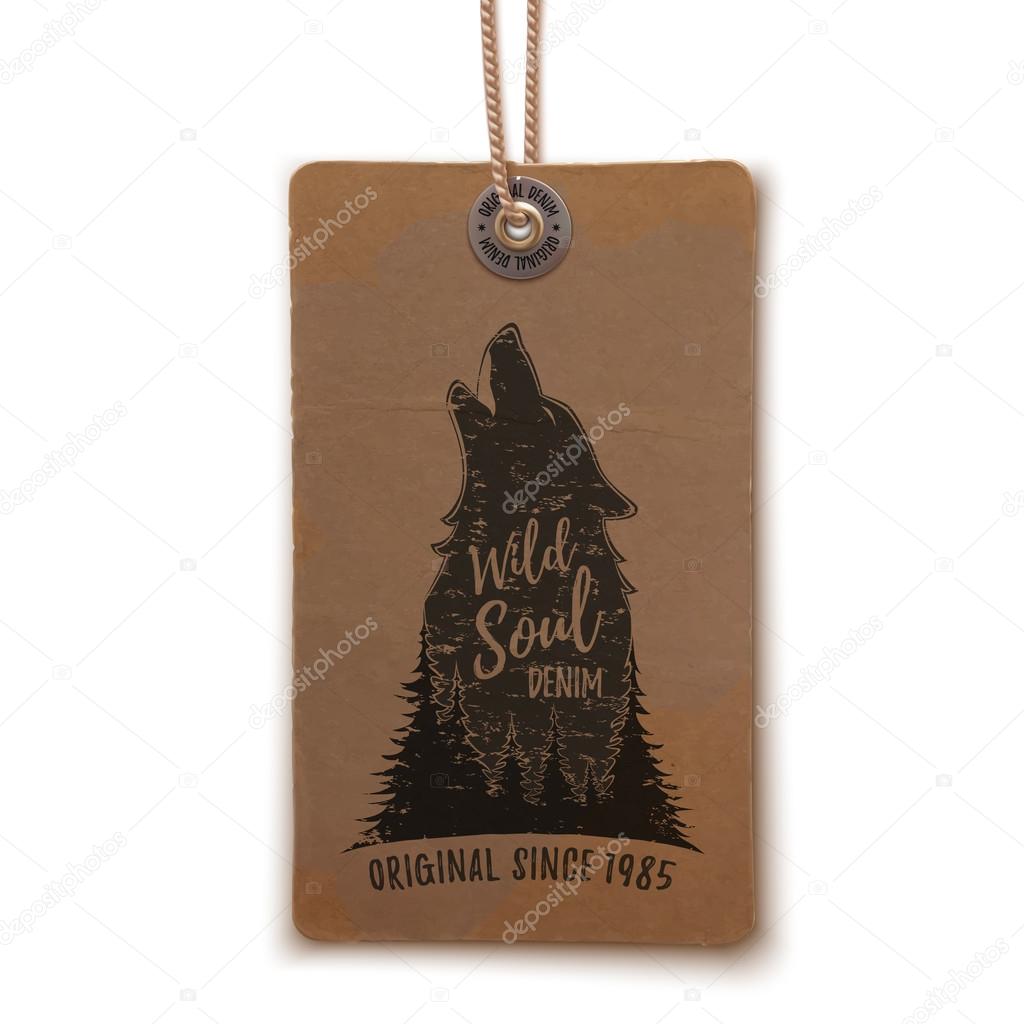 Howling wolf in the forest logo template on realistic, vintage price tag isolated on white. Vector illustration.