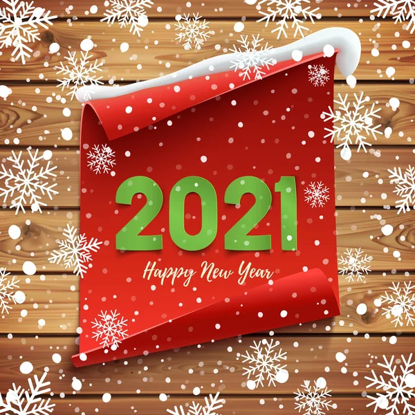 Bonne année 2021 Carte de voeux. Bannière incurvée rouge sur planches en bois. — Image vectorielle