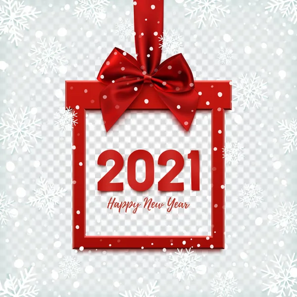 Happy New Year 2021 fond, bannière carrée en forme de cadeau de Noël avec ruban rouge et arc. — Image vectorielle