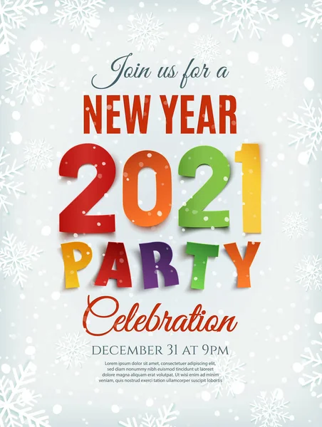 Новорічна вечірка 2021 плакат зі снігом та сніжинками . Стокова Ілюстрація
