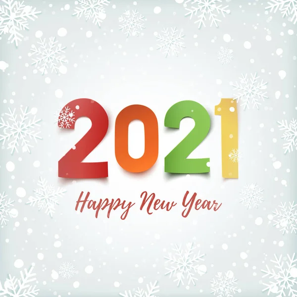 Feliz Año Nuevo 2021. Fondo de invierno con nieve y copos de nieve. Vector De Stock