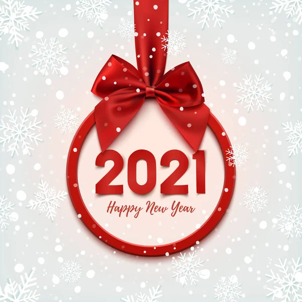 Feliz Año Nuevo 2021 banner redondo con cinta roja y lazo, sobre fondo de invierno. Ilustraciones De Stock Sin Royalties Gratis
