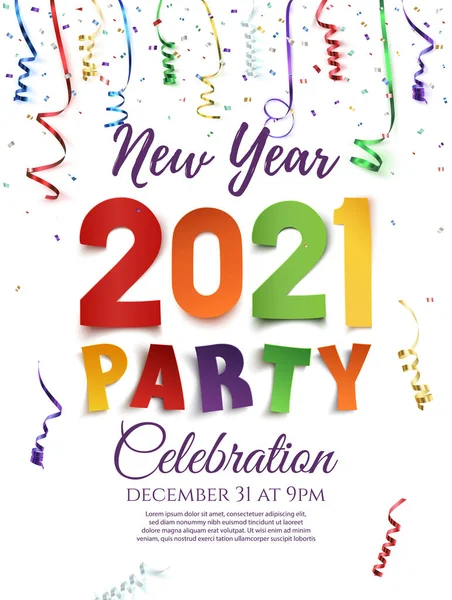 Nouvel An 2021 modèle d'affiche de fête avec confettis et rubans colorés. — Image vectorielle