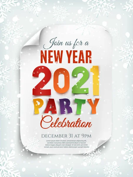Silvester 2021 Party-Plakatvorlage mit Schnee und Schneeflocken. Vektorgrafiken