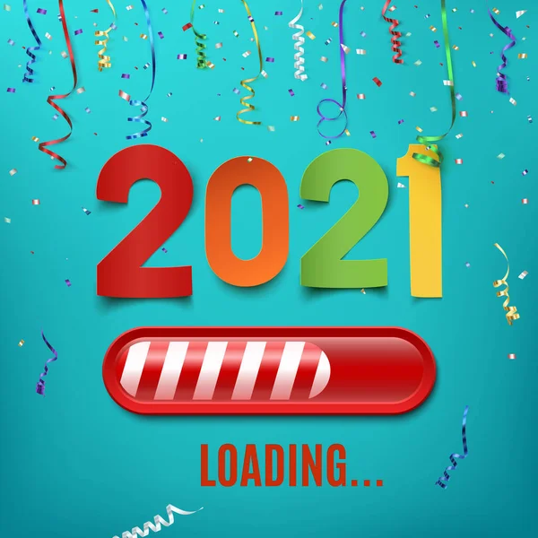 Nouvel an 2021 barre de chargement sur la célébration backgroun avec rubans et confettis. — Image vectorielle