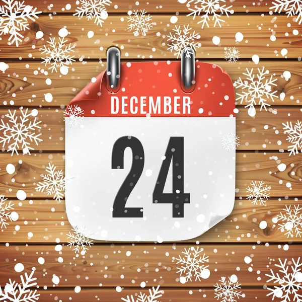 Diciembre 24 icono del calendario sobre fondo de madera con nieve y copos de nieve. Gráficos Vectoriales