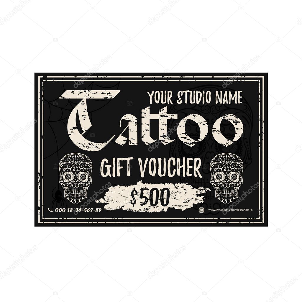 Vintage Tattoo gift voucher template. Black grunge gift card with sugar rskull.