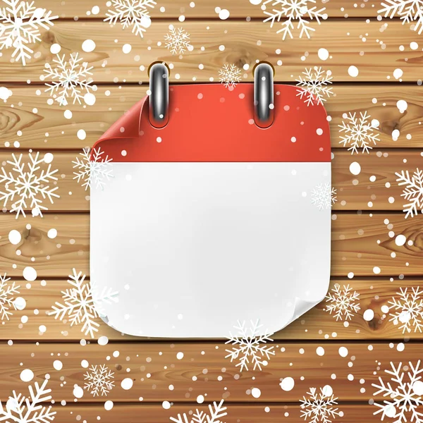 Blank calendar icon template on wooden planks background with snow and snowflakes. — Stock Vector