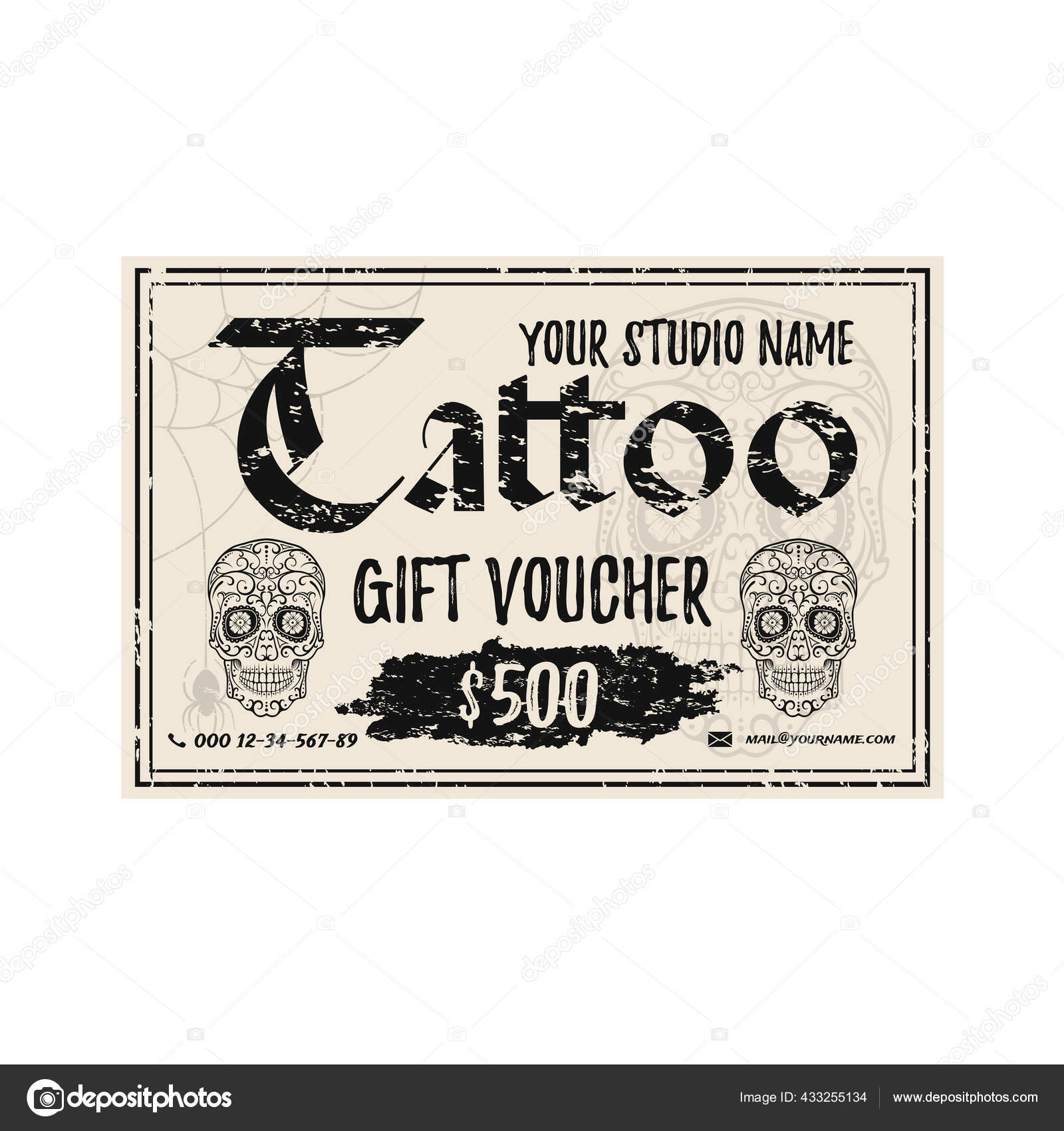 Vintage Tattoo gift voucher template. Grunge gift card with sugar With Tattoo Gift Certificate Template