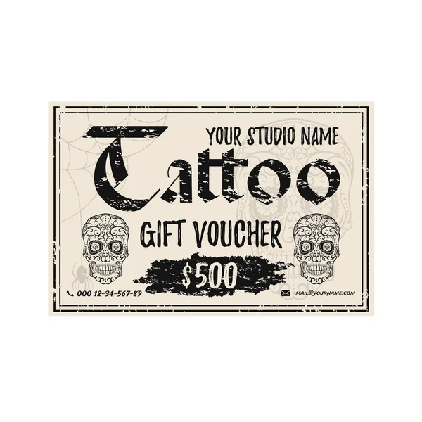 Modèle de bon cadeau Vintage Tattoo. Carte cadeau Grunge avec crânes à sucre. — Image vectorielle
