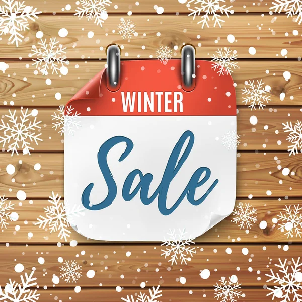Χειμερινή πώληση. Ρεαλιστική εικόνα ημερολογίου. Ξύλινο φόντο με χιόνι και νιφάδες χιονιού. Royalty Free Διανύσματα Αρχείου