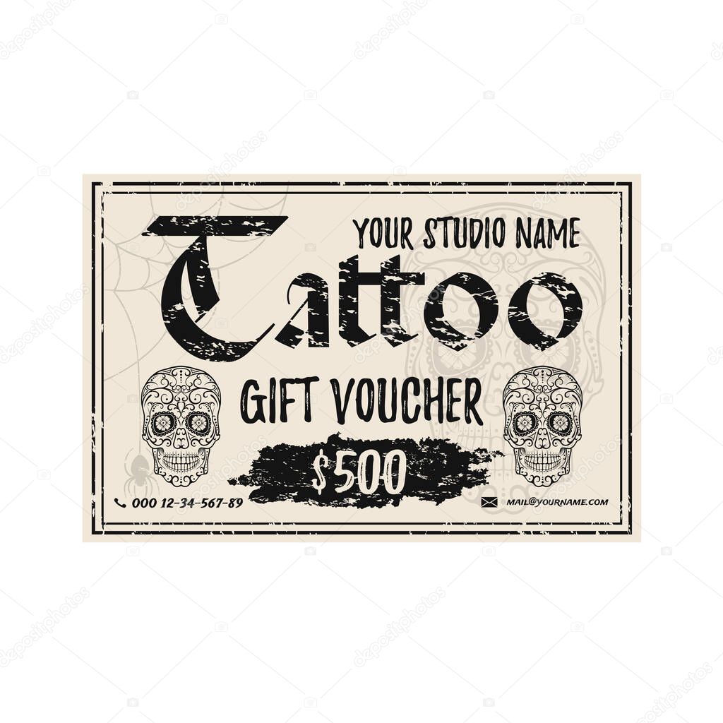 Vintage Tattoo gift voucher template. Grunge gift card with sugar rskulls. Vector illustration.