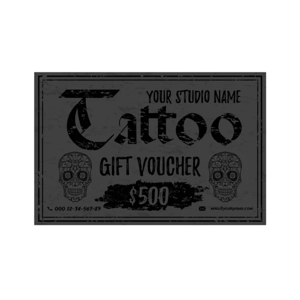 Vintage Tattoo gift voucher template. Grey grunge gift card with sugar rskulls. — Stock Vector