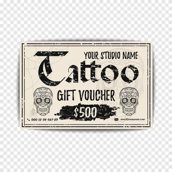 Vintage Tattoo Geschenkgutschein. Grunge-Geschenkkarte mit Zuckerschädeln. Vorlage für Ihren Tätowierladen. — Stockvektor