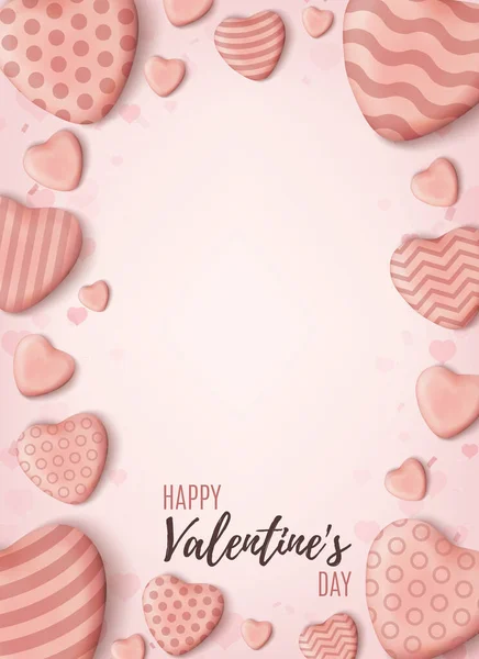 Sfondo San Valentino. Modello di design astratto rosa verticale con cuori di caramelle realistici. — Vettoriale Stock