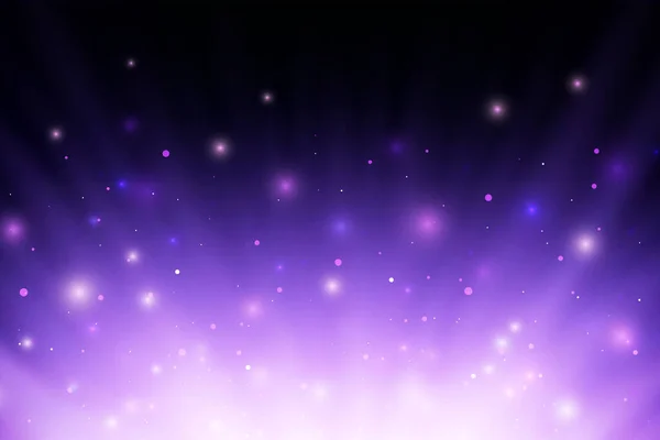 Rayons lumineux brûlants violets abstraits avec des étincelles et des particules sur fond noir. — Image vectorielle