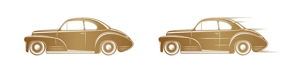 Silhouette de voiture classique dorée sur fond blanc. Icône de voiture vintage pour logo, badge ou design lable. Vecteur En Vente