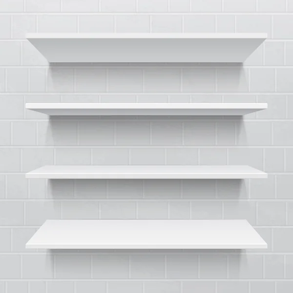 Four white realistic shelves against brick wall — Stock Vector