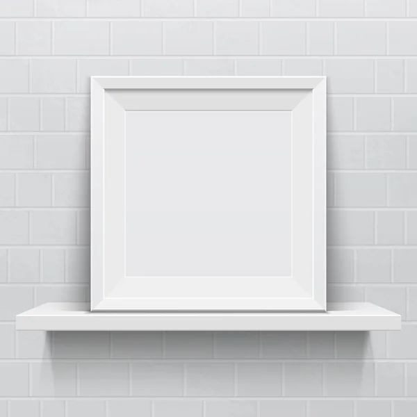 Quadro de imagem realista na prateleira realista branca contra a parede de tijolo —  Vetores de Stock
