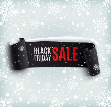 Black Friday sale background with black realistic ribbon banner and snow clipart