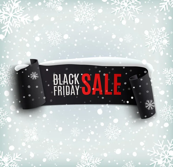 Black Friday sale background with black realistic ribbon banner and snow — Stock Vector