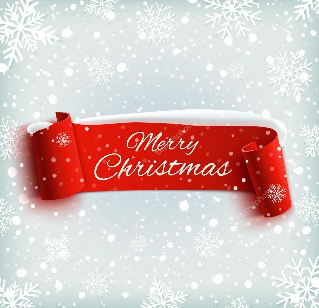 Merry Christmas celebration background with red realistic ribbon banner and snow. Vector illustration