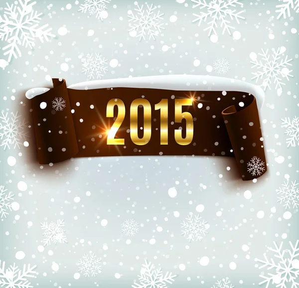 Ευτυχισμένο νέο έτος 2015 γιορτή φόντο με ρεαλιστική κυρτή κορδέλα και νιφάδες χιονιού — Διανυσματικό Αρχείο