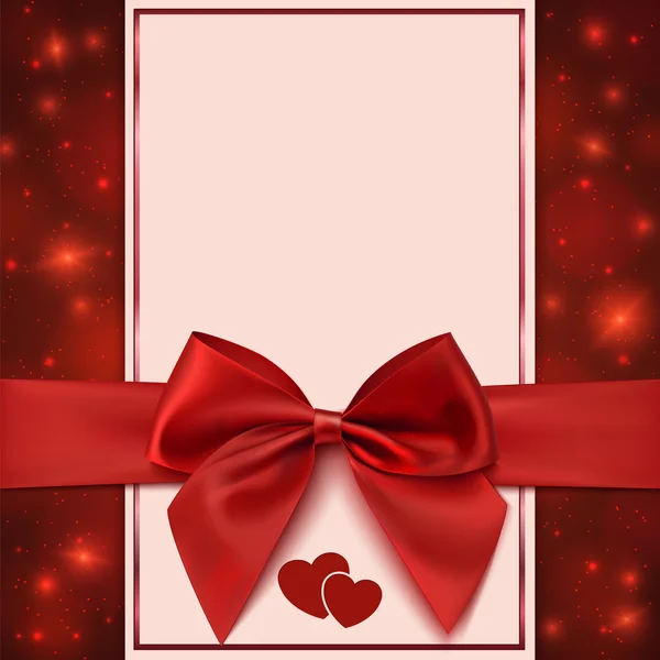 Greeting card template with red bow, ribbon and two hearts — Stock Vector