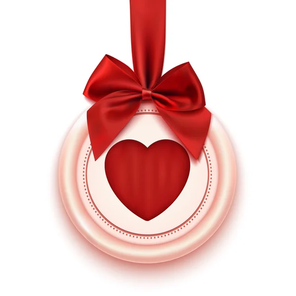 Insignia con corazón, cinta roja y lazo, aislado sobre fondo blanco — Vector de stock