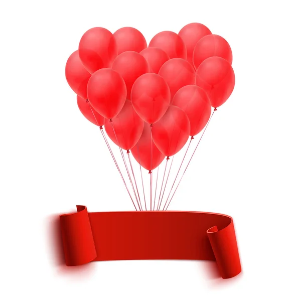 Ballons en forme de coeur tenant une grande bannière rouge vierge — Image vectorielle
