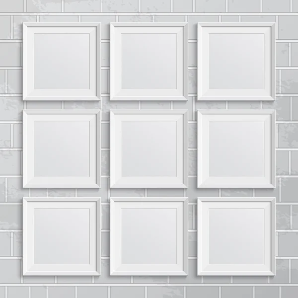 Set of square picture frames on brick wall — Stock Vector