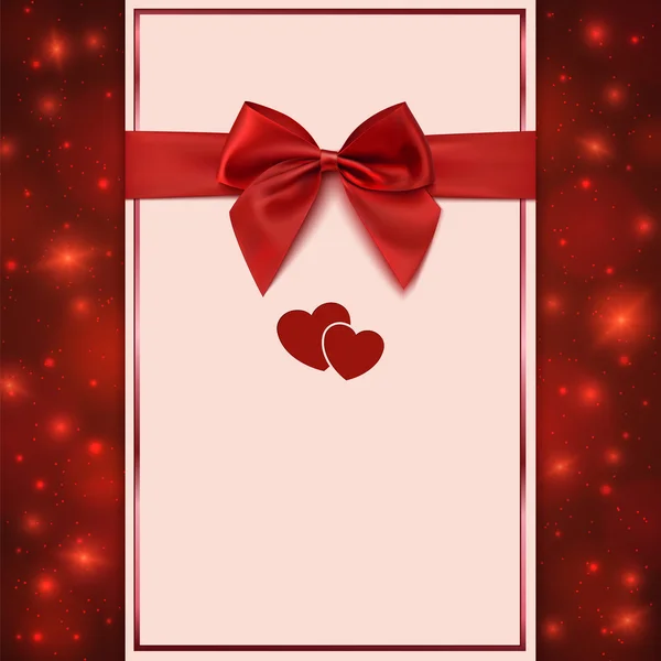 Plantilla de tarjeta de felicitación con lazo rojo, cinta y dos corazones — Archivo Imágenes Vectoriales
