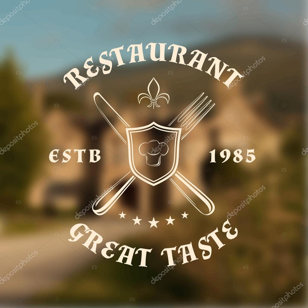 Restaurant logo template with shield, knife and fork, on blurred vintage background. Vector illustration