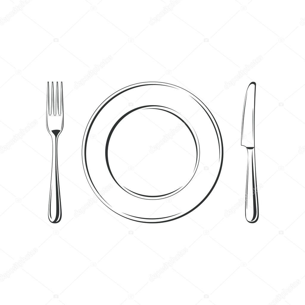 Knife, fork and plate, isolated on white background. Simple Icon. Vector illustration