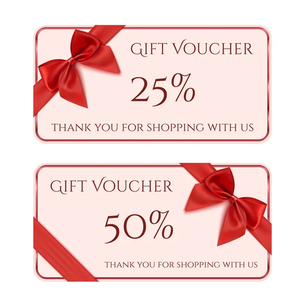 Gift voucher template with red ribbon and a bow. — Stock Vector