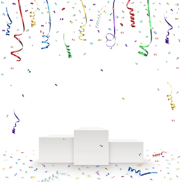 Oslava pozadí šablony s patkou, konfety a barevné stuhy. — Stockový vektor