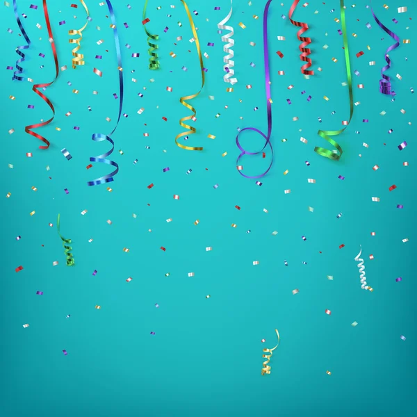 Modèle de fond de célébration avec confettis et rubans colorés. — Image vectorielle