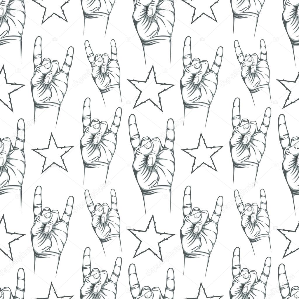 Seamless pattern with Rock n Roll sign and a stars. Vector illustration
