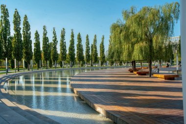 Krasnodar - Park Krasnodar. Bir sıra kavak ve yapay su deposu. Sözde Galitsky Parkı, söğüt ağaçları ve altında ahşap banklar. 