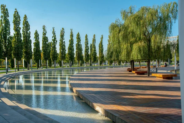 Krasnodar - Park Krasnodar. Bir sıra kavak ve yapay su deposu. Sözde Galitsky Parkı, söğüt ağaçları ve altında ahşap banklar. 