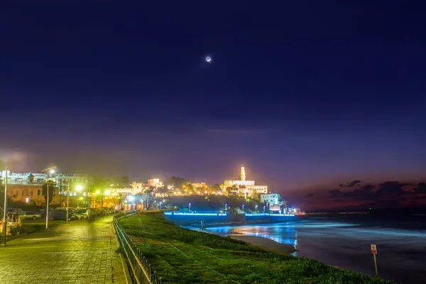 Vue Imprenable Sur Tel Aviv Jaffa Nuit Lune Ciel Coucher — Photo