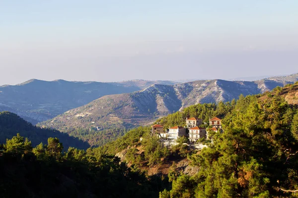 Idyllic Aerial Morning Landscape Foresty Mountains Troodos Town Cyprus Typical — Stock Photo, Image