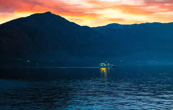 Illuminated Boat Passengers Lake Como Moving Town Como Blue Hour — Stock Photo, Image